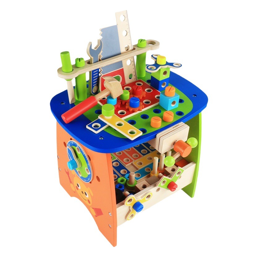 Herramienta de desmontaje de madera de los niños DIY mesa de simulación de juguete tornillo tuerca combinación conjunto herramienta de reparación taburete