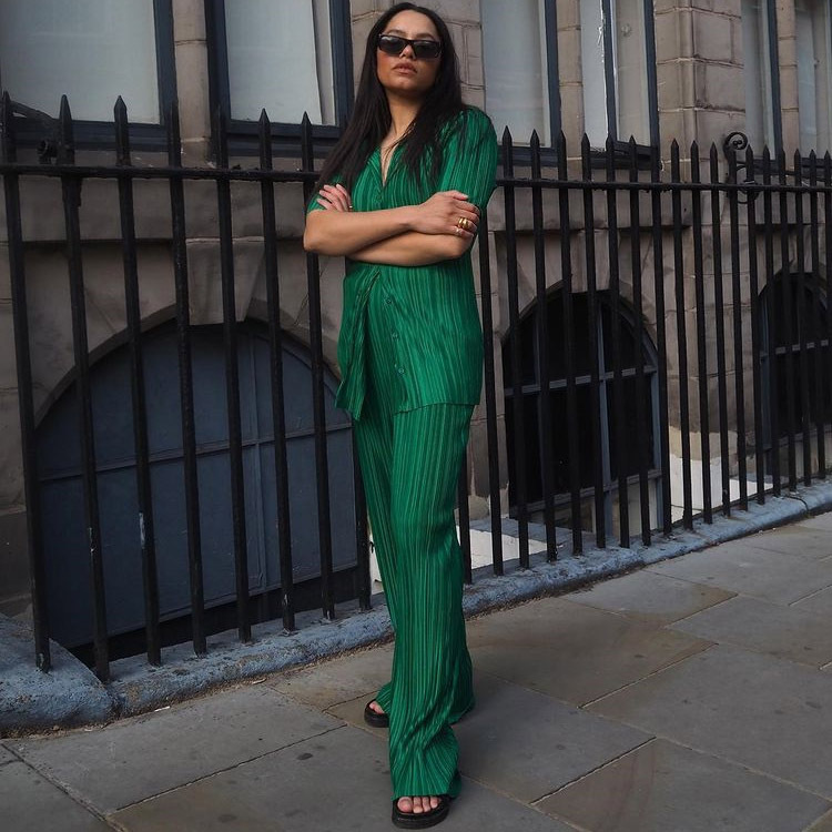 Summer Short Sleeve Loose Pleated Straight Leg Pants Two-Piece Set Sexy Complex Set Collar Sexy Set
