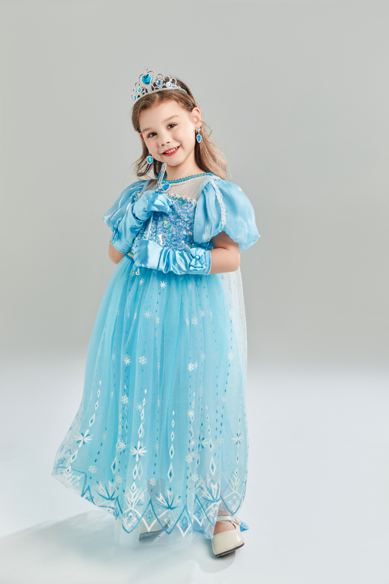 Neues, kurzärmliges, süßes Elsa-Kleid für Weihnachtsprinzessinnen für Mädchen_voghion.com