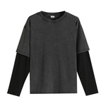 重磅纯棉假两件拼色设计洗水复古长袖美潮高街休闲上衣宽松落肩秋