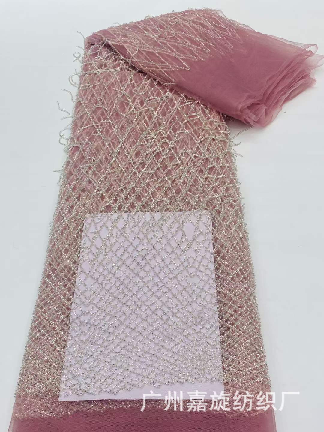 Europa y América Rhombus Plaid borla tela de encaje lentejuelas cuentas vestido de novia vestido de noche rendimiento ropa tela JX3962