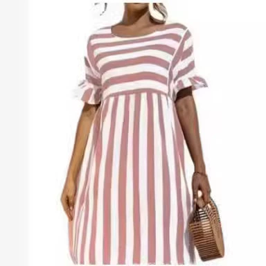 Повседневное женское платье 2025 года с принтом, оборками, короткими рукавами, в полоску, с лоскутными элементами и карманами для Amazon и WISH