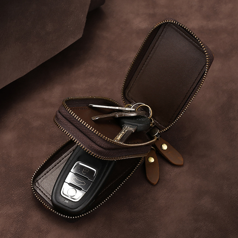 automobile Key set multi-function Dual zippers Car key case The first layer cowhide currency key Leather sheath Retro Waist hang