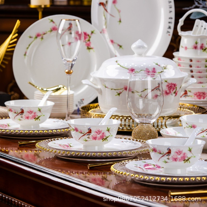 Ceramic tableware set, Chinese style, peach blossom pattern, gift sets 18–60 pcs
