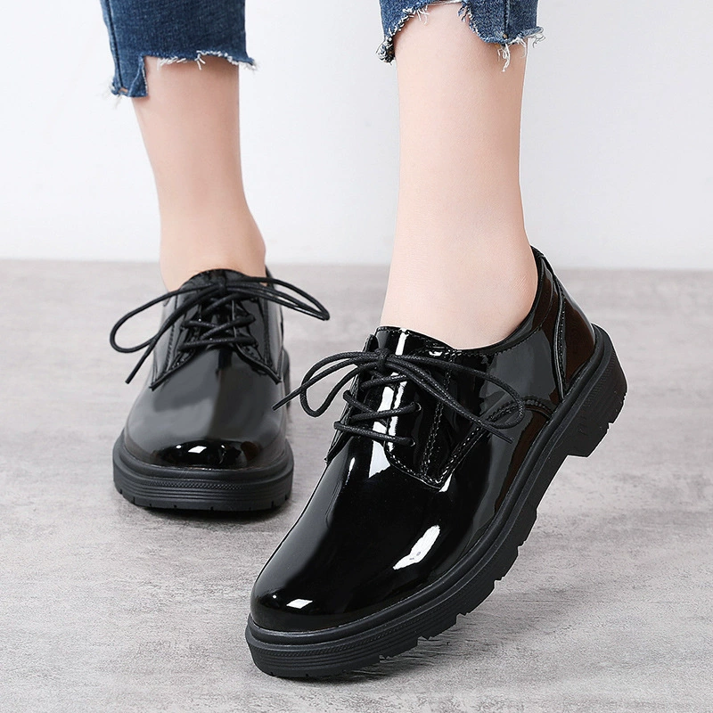 Рабочая обувь женская профессиональная рабочая Черная мягкая подошва, нескользящее универсальное платье на массивном каблуке и круглым носком, женская кожаная обувь в британском стиле