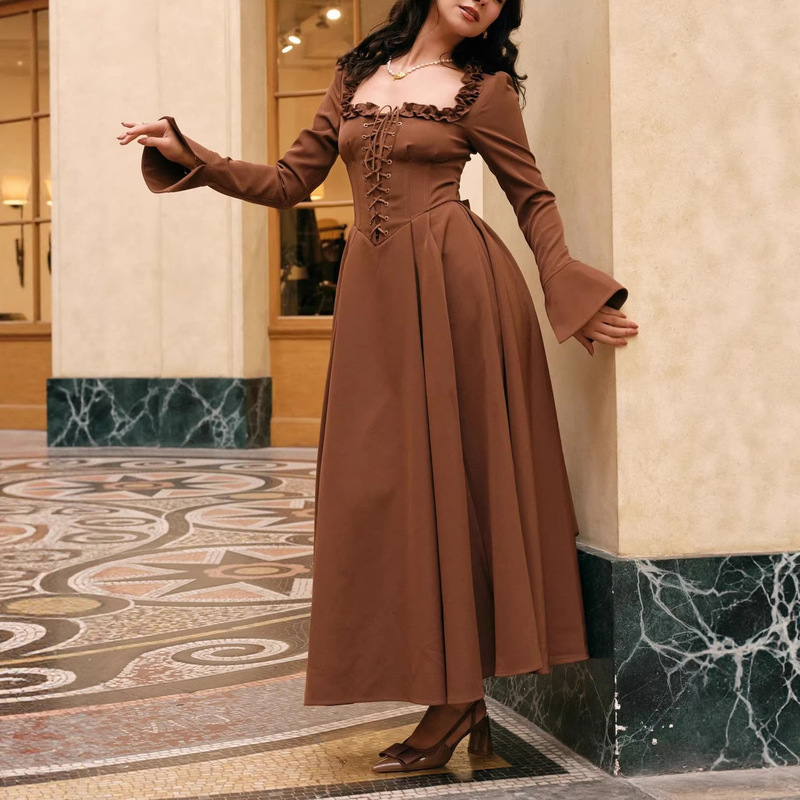 Cross-Border Vintage Square-Neck Drawstring Waist Flare-Sleeve Long Dress, Court-Style High-Waisted Elegant Gown with a Large Hem