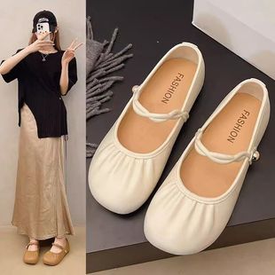 2025 Summer New Arrival All-Match Mary Jane Flat Sandals Toe Wrinkled Fashionable French Style Beanie Style Single-layer Shoes for Women