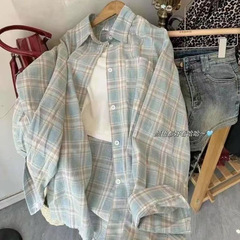 女性用ブルーチェック柄シャツ、初秋のレイジースタイルカジュアルカバーアップシャツ、ゆったりとした万能日焼け止めカーディガン長袖トップ