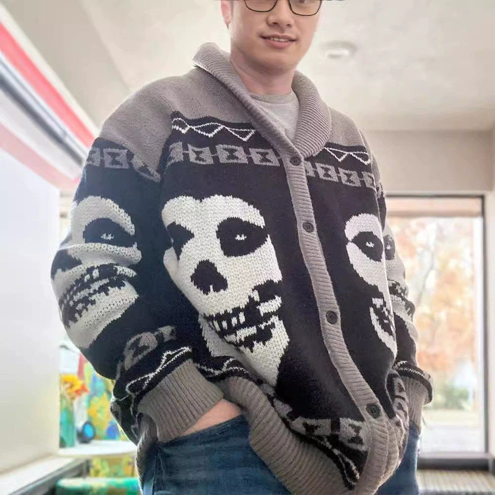 2025 Европейский и американский трансграничный осенне-зимний мужской и женский персонализированный модный свободный вязаный кардиган на пуговицах с лацканами Y2K оптом