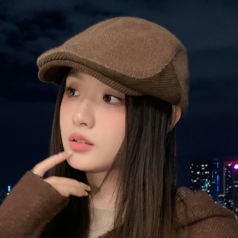 韩版文艺青年画家帽秋冬女士英伦风前进帽复古拼接加厚保暖鸭舌帽|undefined