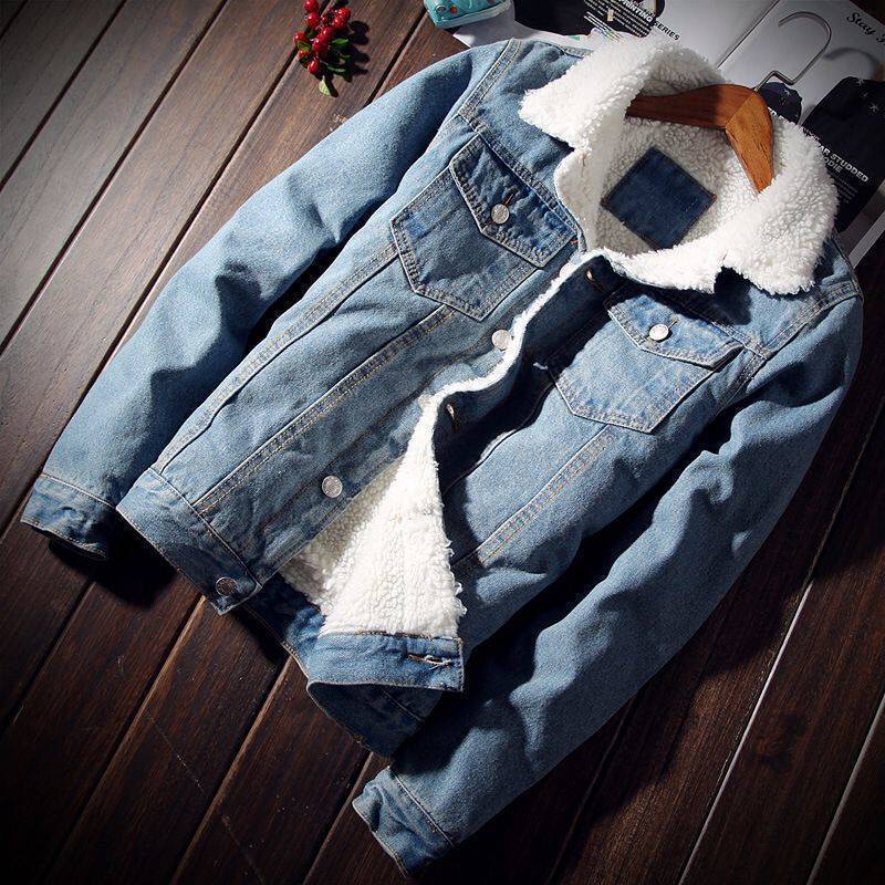 plus size Winter fleece-lined Denim Jacket Men's Slim-fit Thickened Jacket Imitation Lamb Fluffy Youth Foreign Trade Cotton-padded Jacket Top