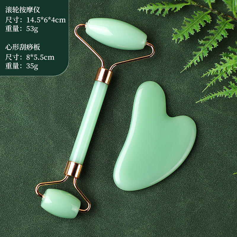 Resina conjunto de masaje de rodillos de doble cabeza no jade en forma de corazón especial para la cara y la cara de todo el cuerpo belleza placa de masaje de cristal de polvo