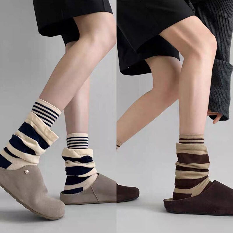 Lazy Atmosphere Is Full! How to Make It so Beautiful~. Fake Two-Piece Spliced ​​Stripesd High-End Slimming Look Socks
