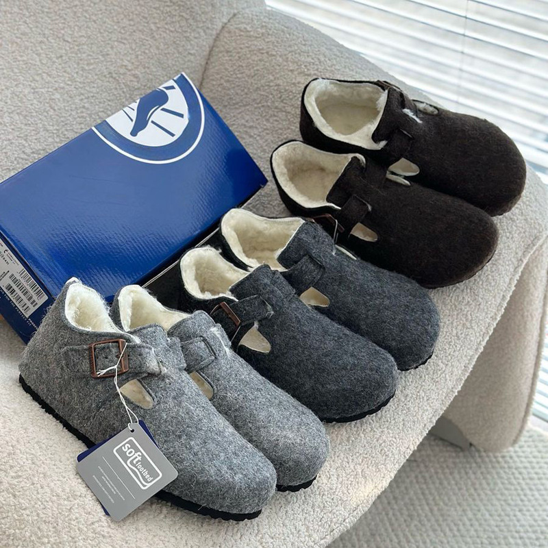 Cross-Border Export Exclusive! Wool Felt Cork Half-Pack Cashmere Slippers Autumn and Winter Warm Snow Cotton Shoes Birkenstock Shoes
