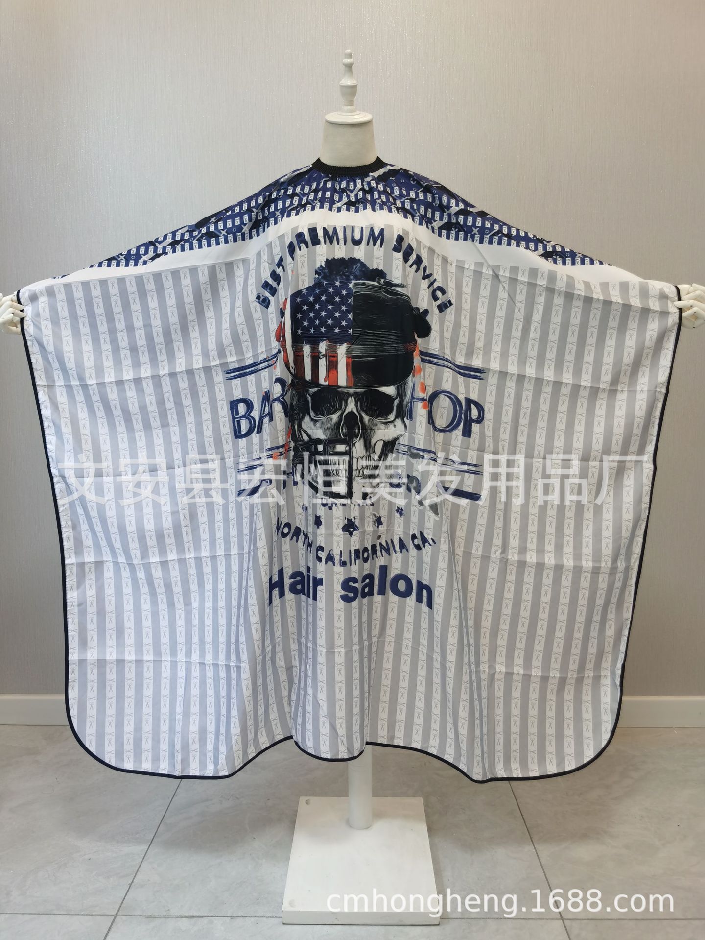 Primavera asiático textil peluquería vintage cabeza de aceite rayado peluquero corte de pelo tela cráneo impresión teñido en caliente tratamiento capilar delantal