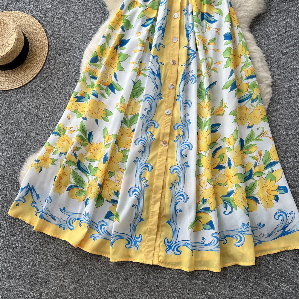 Women's European American Retro V Neck Dress Lace Trimmed Floral Print Fitted Waist Long Skirt Elegant Spring Autumn Wear_ecoleips.com