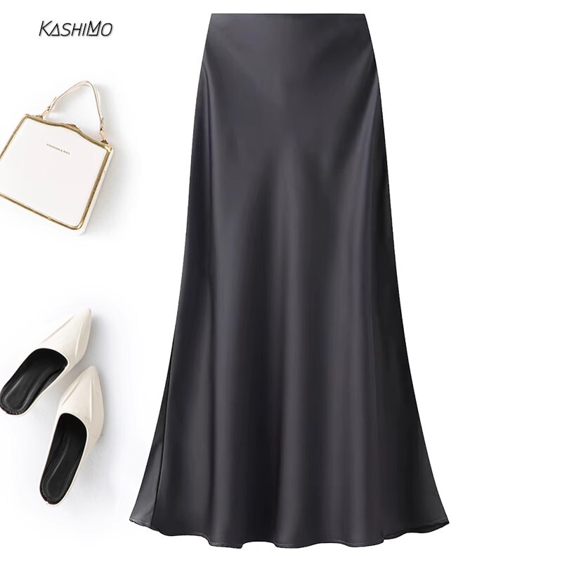 High Waist Acetic Acid Double-sided Satin Skirt Women's Summer Silk Fishtail Skirt 2025 Summer Simple Mid-length A- line Skirt