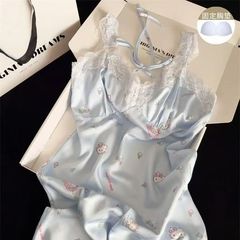かわいいハローキティ猫夏サスペンダーパジャマ女性用胸パッド付き女の子純粋な欲望甘いアイスシルクホーム服