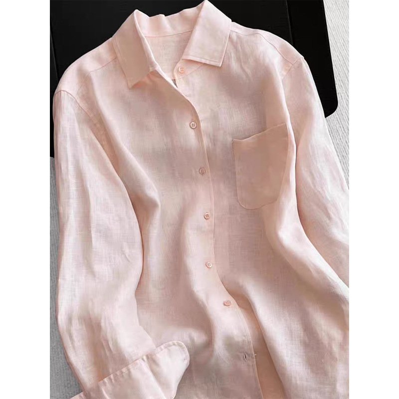 Áo sơ mi nữ linen dài tay thoáng khí chống nắng xuân hè — Mật đào bột chi tiết 4