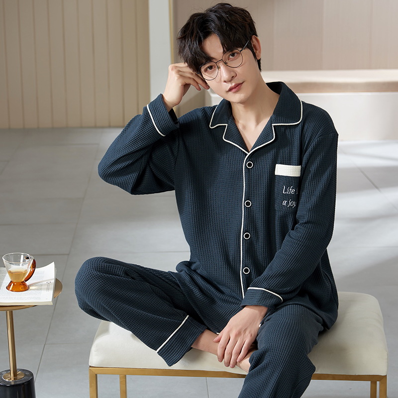 Pijamas de hombre Primavera y otoño solapa de manga larga Cardigan Youth algodón más tamaño suelto traje de uso doméstico se puede usar fuera