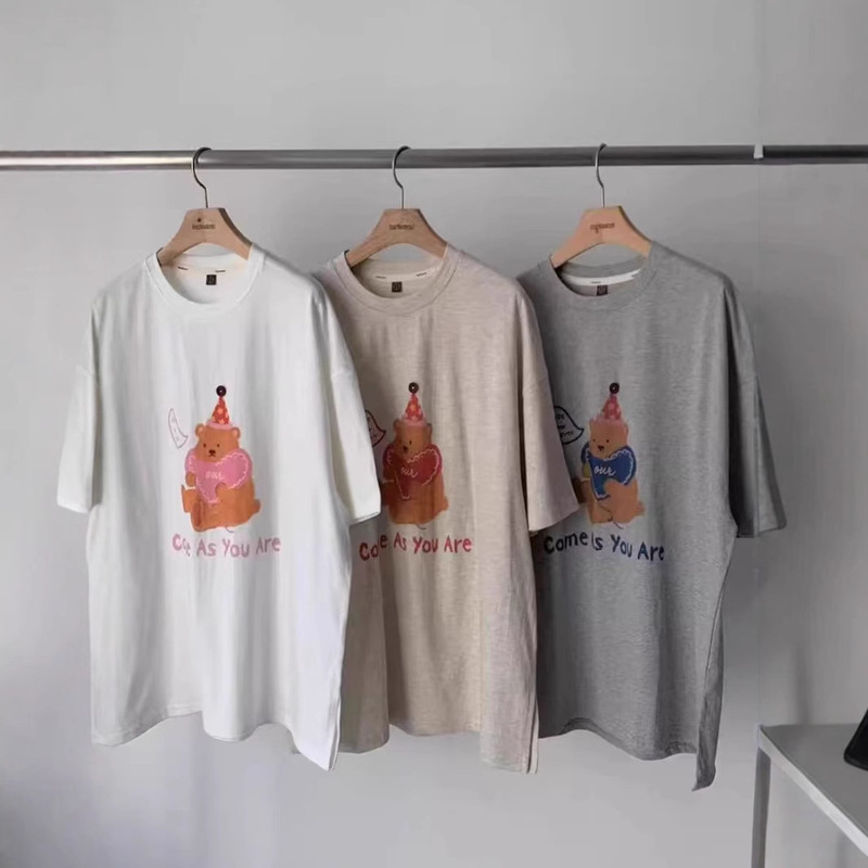 2025 Spring and Summer New South Korea Dongdaemun Cute Bear T-shirt Decorative Buckle Design Loose