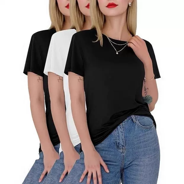 跨境亚马逊wish欧美外贸女装2026夏季新款宽松纯色圆领短袖T恤女