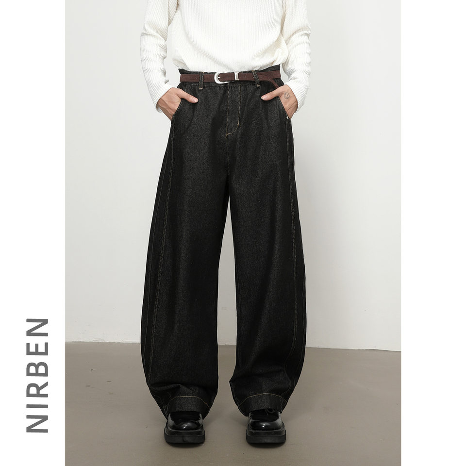 Quần jean nam denim đen dáng suông ống rộng kiểu banana lưng giữa, phong cách đường phố — Denim đen
