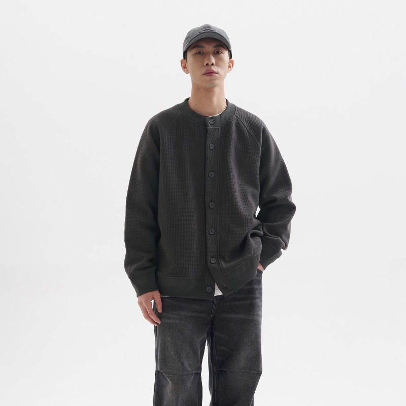 Spring and Autumn Thick Waffle Cardigan Jacket Korean Style Trendy Round Neck Sweater Men's Casual Loose High-End Feel