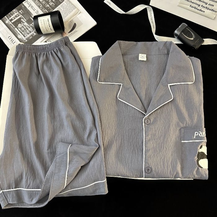 Pijamas de hombre de hilo de algodón de nube negra simple pantalones cortos de verano de manga corta ropa de hogar de gran tamaño casual traje de verano