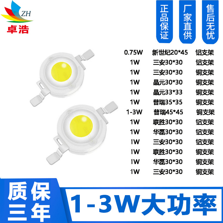 Wholesale 1W high-power LED beads, 3W Bridgelux high-brightness four-gold copper bracket red, green and blue imitation lumen LED beads