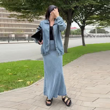 2025年秋欧美亚马逊跨境外贸新款女装拉链宽松牛仔长袖高腰裙套装