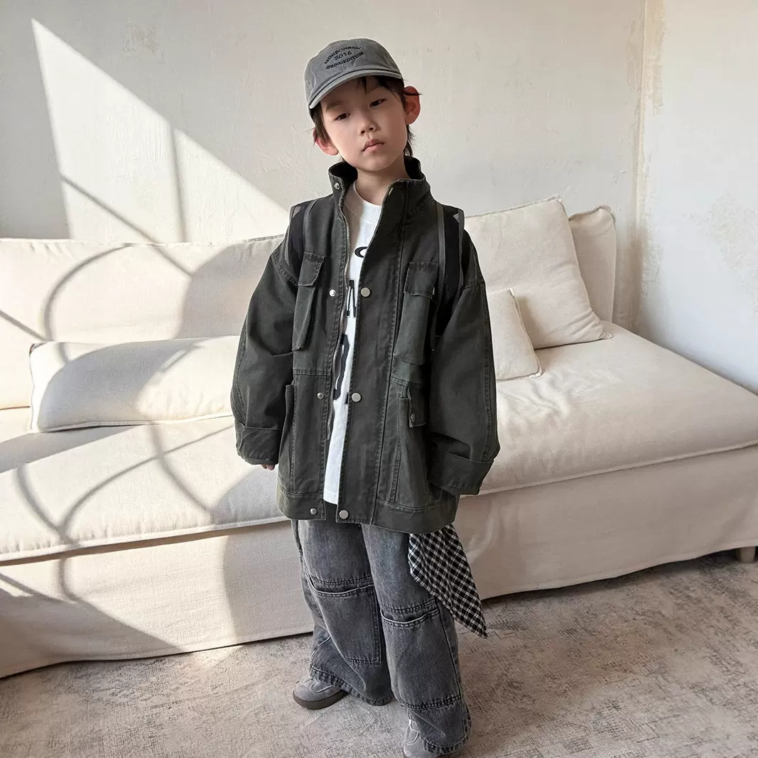 儿童工装外套秋装2025新款复古多口袋洗水重工风衣男女童立领夹克