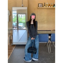 今年流行的爆款女装撞色条纹t恤春秋冬内搭修身显瘦长袖打底上衣