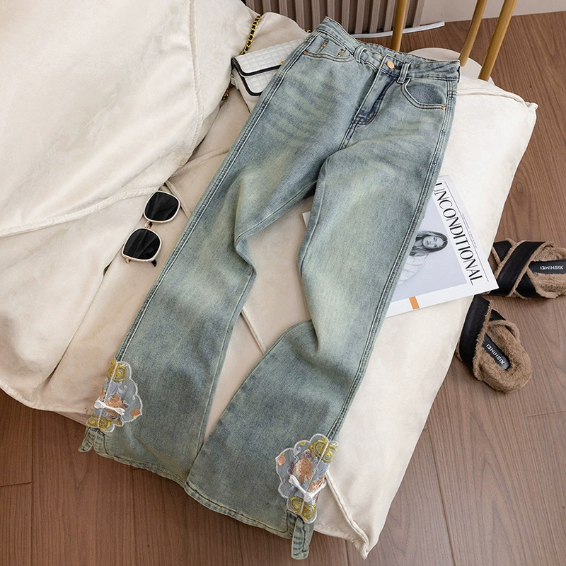 Jeans, demi-season trousers, Chinese style, plus size, 2024 years