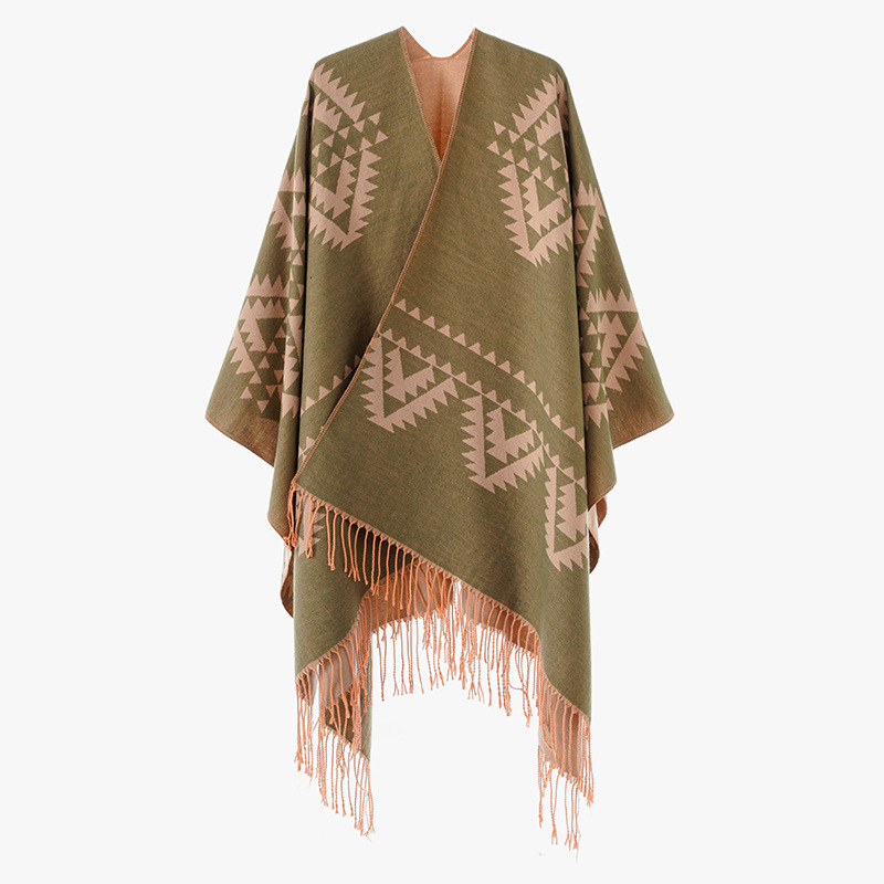 2024 nueva primavera y otoño invierno estilo nacional geométrico moda multi-elemento bifurcado camisa chal abrigo suelto