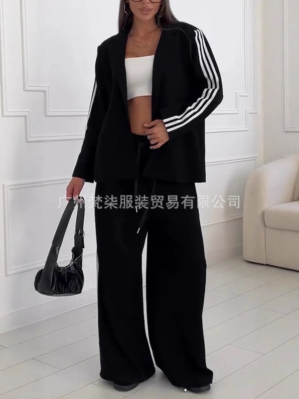亚马逊2025欧美跨境翻领条纹夹克休闲西服外套阔腿长裤休闲套装女|undefined
