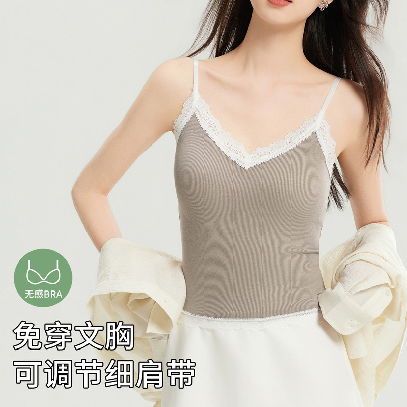 Lace camisole for women, spring/summer thin style, with built-in chest pads, suitable for outerwear, slimming and flattering, sleeveless top Lace camisole for women, spring/summer thin style, with built-in chest pads, suitable for outerwear, slimming and flattering, sleeveless top