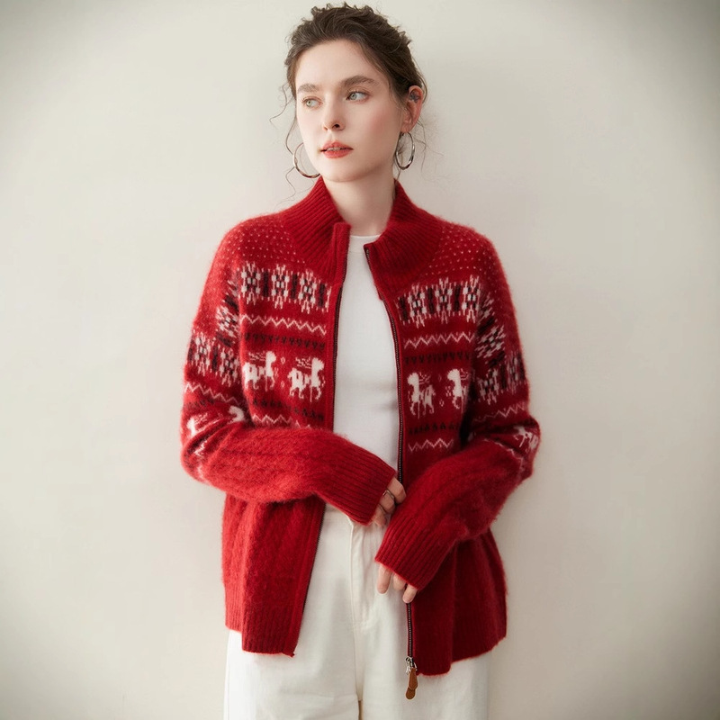 25 Retro Thickeneded Jacquard Zipper Cashmere Cardigan Women's Cashmere Knitwear Loose Knitwear Christmas Outwear Top