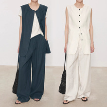 2025夏季新款雨露白色微皱亚麻老钱风长马甲休闲阔腿松紧腰长短裤