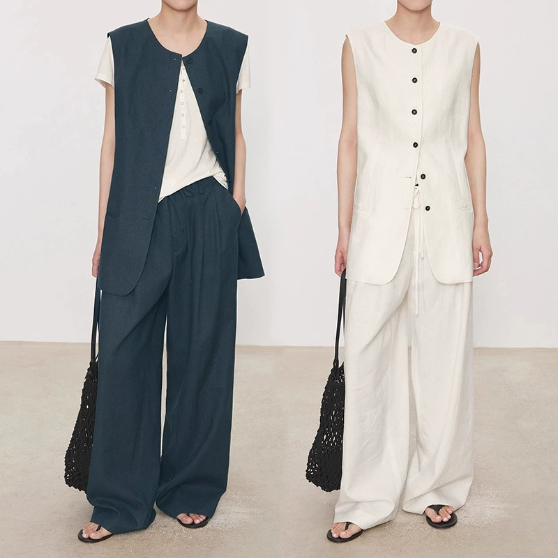 Летний новый белый льняной жилет в стиле "старые деньги" с легкими складками, широкие шорты с эластичной талией, 2025 год
