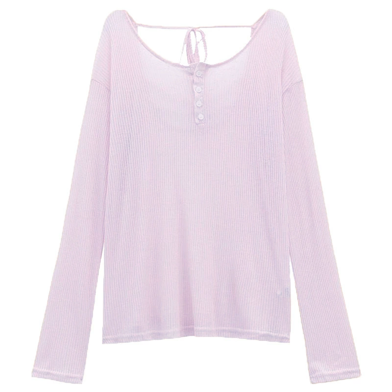 微与 ~Lanky style loose and slim-looking top pure backless pink sunscreen blouse women's lace-up blouse
