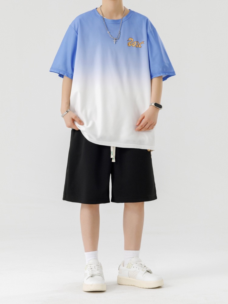 2025 nuevo verano adolescente pantalones cortos de manga corta traje deportivo casual moda degradado suelto traje de dos piezas hombre