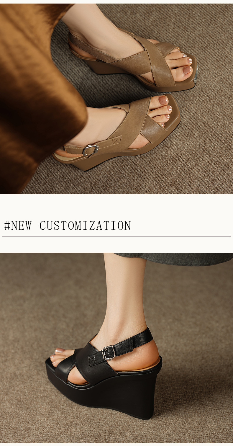 Sandal cao gót nữ phong cách Pháp đế nêm dày mũi hở, da thật, gót 11 cm — đen chi tiết 3