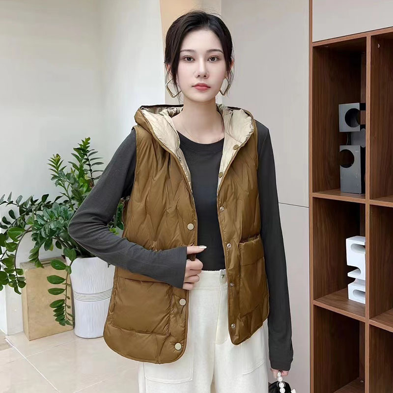 Down Vest Women's Hooded Short 2024 Autumn New White Duck Down Outer Wear Two-sided Warm Hooded Down Vest