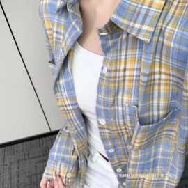 跨境黄蓝格子衬衫女早秋磨毛上衣格纹衬衣男美式复古中性外套工厂