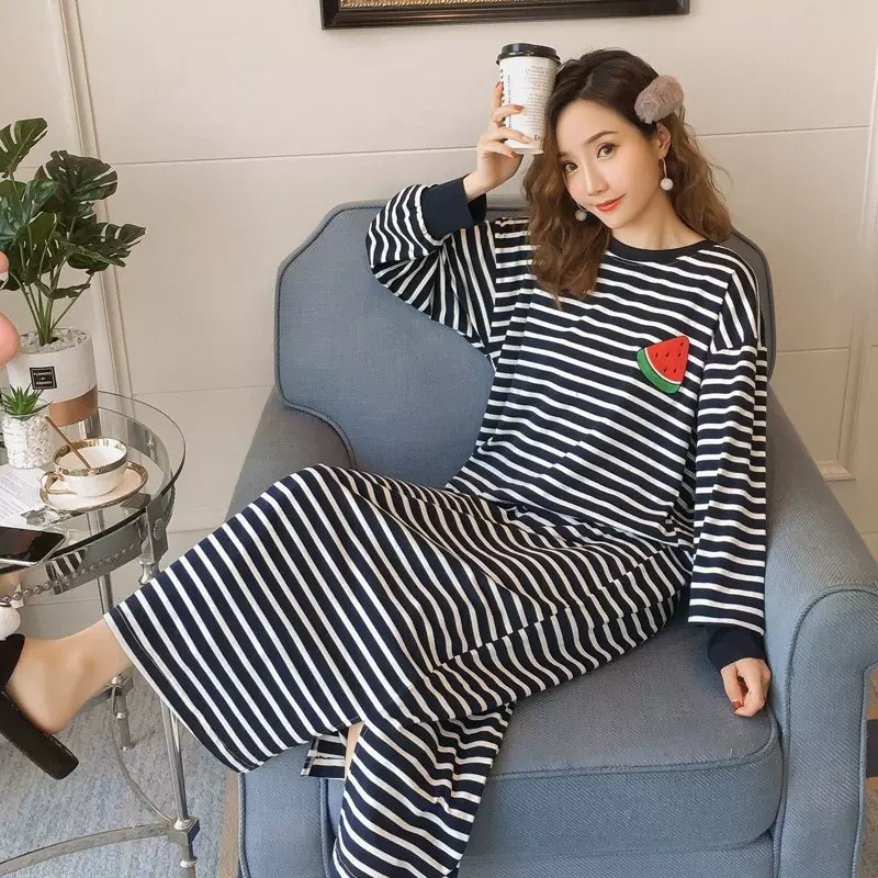 春秋季新款长袖睡衣加肥加大睡裙条纹公主款睡裙甜美家居服