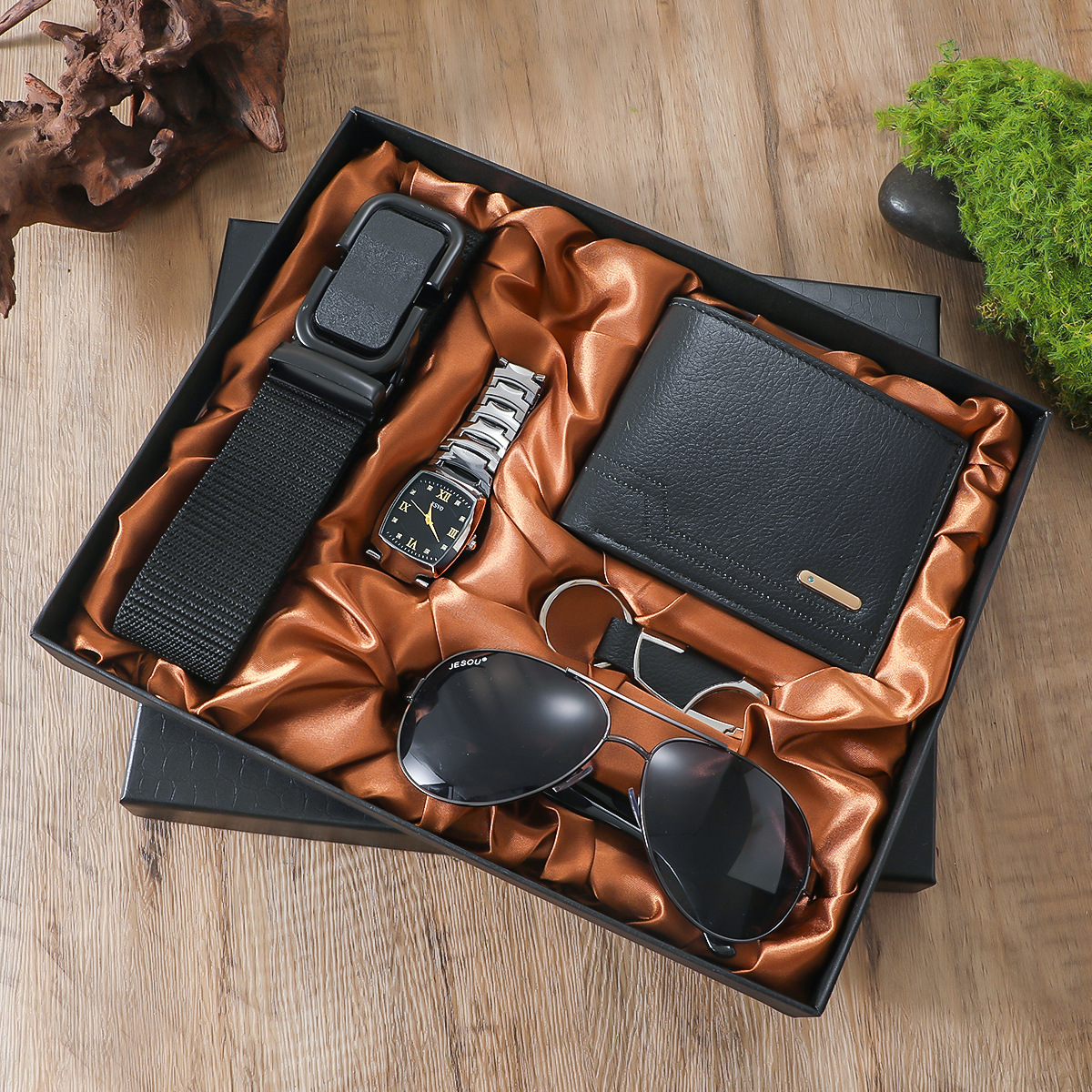 A04988 hombres reloj cinturón traje gafas cinturón cartera llavero dial grande reloj de cuarzo regalo