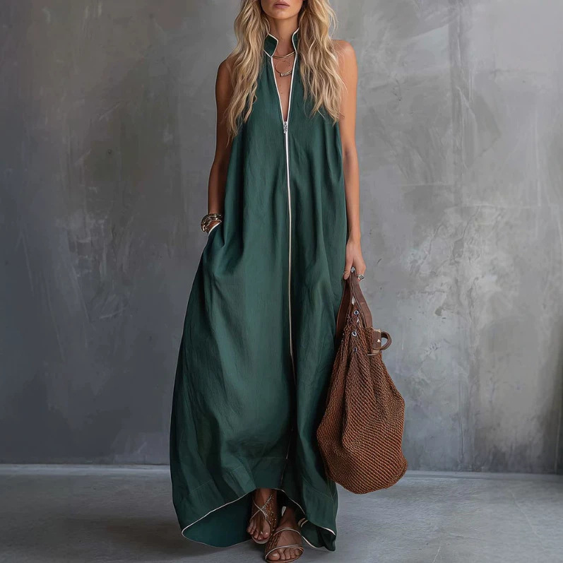 European and American Cross-Border Independent Website Elegant Fluffy Forest Green Zip-Front Long Dress European and American Cross-Border Independent Website Elegant Fluffy Forest Green Zip-Front Long Dress