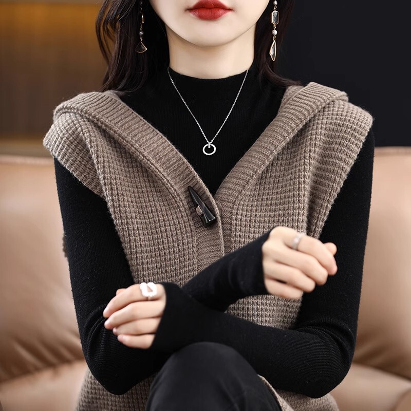 Mid-length sweater coat for women 2024 New style vest spring and autumn fashionable hooded knitted cardigan shawl outer wear