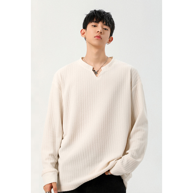 2026 Spring New Hong Kong Style Plus Size Men's Loose V-Neck Long Sleeve T-Shirt Cool Top for Men M-5X Wholesale
